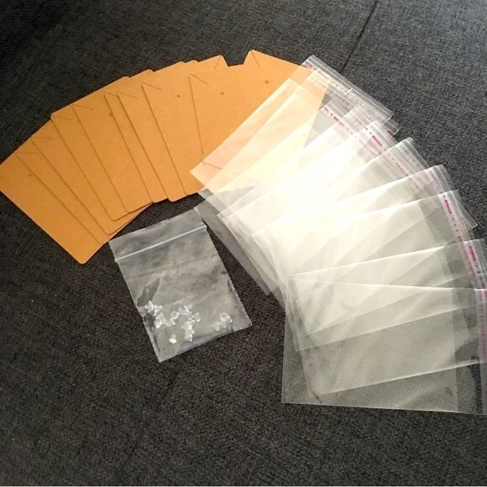 Set/10 Earring, Necklace Cards with Earring Backs, Resealable Clear Bags